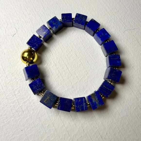 Modern Lapis Lazuli Cube Bracelet + Earrings Set - Picture 3 of 9